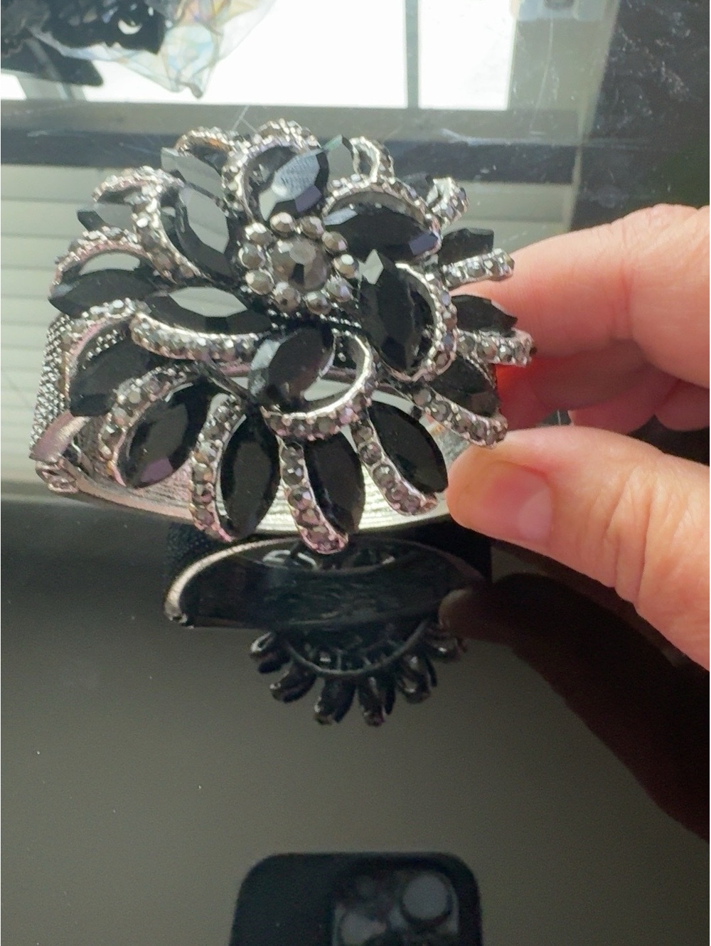 Signed Black Rhinestone Floral Hinged Cuff Bracelet Silver Tone Statement